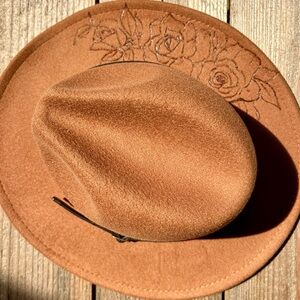 🌹 NEW NBW Felt Fedora Hat Burn Trend Tan Rose Design handmade